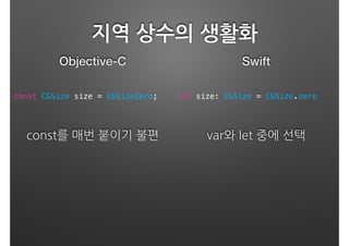 지역 상수의 생활화
Objective-C Swift
const를 매번 붙이기 불편 var와 let 중에 선택
const CGSize size = CGSizeZero; let size: CGSize = CGSize.zero
 