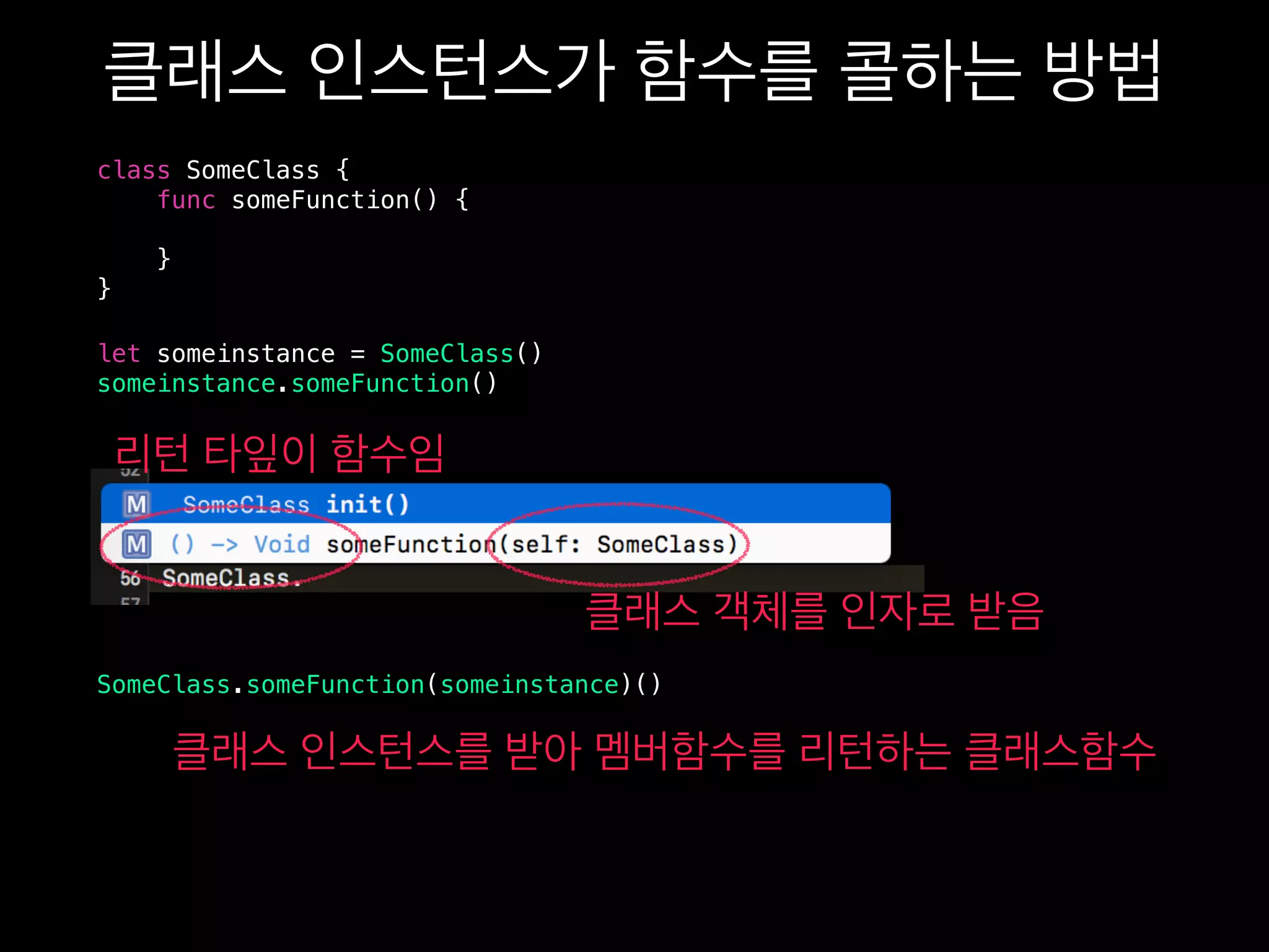 class SomeClass {
func someFunction() {
}
}
let someinstance = SomeClass()
someinstance.someFunction()
SomeClass.someFunction(someinstance)()
 