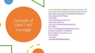 Example of
SWIFT MT
message
{1:F01SOGEFRPPAXXX0070970817}{2:O1031734
150713DEUTDEFFBXXX00739698421607131634
N}{3:{103:TGT}{108:OPTUSERREF16CHAR}}{4:
:20:UNIQUEREFOFTRX16
:23B:CRED
:32A:180724EUR735927,75
:33B:EUR735927,75
:50A:/DE37500700100950596700
DEUTDEFF
:59:/FR7630003034950005005419318
CHARLES DUPONT COMPANY
RUE GENERAL DE GAULLE, 21
75013 PARIS
:71A:SHA
-}{5:{CHK:D628FE0165A7}}
 