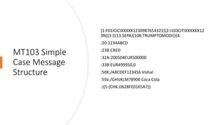 MT103 Simple
Case Message
Structure
{1:F01ICICIXXXXX1230987654321}{2:I103CITIXXXXXX12
3N}{3:{113:SEPA}{108:TRUMPTOMODI}}{4:
:20:1234ABCD
:23B:CRED
:32A:200504EUR500000
:33B:EUR499950,0
:50K:/ABCDEF123456 Vishal
:59a:/GHIJKLM78900 Coca Cola
-}{5:{CHK:D628FE0165A7}}
 