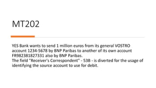 MT202
YES Bank wants to send 1 million euros from its general VOSTRO
account 1234-5678 by BNP Paribas to another of its own account
FR982381827331 also by BNP Paribas.
The field "Receiver's Correspondent" - 53B - is diverted for the usage of
identifying the source account to use for debit.
 