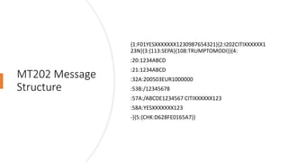 MT202 Message
Structure
{1:F01YESXXXXXXX1230987654321}{2:I202CITIXXXXXX1
23N}{3:{113:SEPA}{108:TRUMPTOMODI}}{4:
:20:1234ABCD
:21:1234ABCD
:32A:200503EUR1000000
:53B:/12345678
:57A:/ABCDE1234567 CITIXXXXXX123
:58A:YESXXXXXXX123
-}{5:{CHK:D628FE0165A7}}
 
