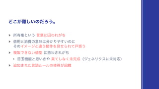 ▶︎
ॴ༗‫ݴ͏͍ͱݖ‬༿ʹनΘΕ͕ͪ
▶︎
आ༻ͱফඅͷҙຯ͸෼͔Γ΍͍͢ͷʹ
ͦͷΠϝʔδͱҧ͏ಈ࡞Λ‫ͤݟ‬ΒΕͯ‫ށ‬࿭͏
▶︎
ෳ੡Ͱ͖ͳ͍஋‫ʹܕ‬࿭Θ͞Ε͕ͪ
w ໨‫ػۄ‬ೳͱࢥ͍͖΍Ռͯ͠ͳ͘ະ‫׬‬੒ʢδΣωϦΫεʹະରԠʣ
▶︎
௥Ճ͞Εͨ‫ޠݴ‬ϧʔϧͷमಘ͕ࠔ೉
Ͳ͕͜೉͍͠ͷͩΖ͏ɻ
 