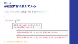 func calculate(_ value: any BinaryInteger) {
⋯
}
calculate(value)
Ṗϧʔϧ
ଘࡏ‫ʹܕ‬͸ফඅͯ͠ೖΔ
ଘࡏ‫΁ܕ‬ͷΩϟετ͕ඞཁʹͳΔͱ͖
ͦͷ஋͸ফඅ͞ΕΑ͏ͱ͢Δ
˞ ͜Ε͸ࠓ͚ͩͷ੍‫͔ݶ‬΋͠Εͳ͍
आ༻͍ͯ͠Δ஋͸ফඅͰ͖ͳ͍ͨΊɺ
ෳ੡͠ͳ͍ͱ౉ͤͳ͍
‫ݺ‬ग़ઌ͕ফඅ͠Α͏ͱͯ͠ͳͯ͘΋ɺ
ଘࡏ‫ʹ͖ͱͨͬͳʹܕ‬ফඅ͞ΕΔ
 