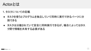 © DMM
1. タスクについての記載
● タスクを使うとプログラムを独立していて同時に実行できるパーツに分
割できる
● タスクは分離されていて安全に同時実行できるが、場合によってはタス
ク間で情報を共有する必要がある
Actorとは
11
 
