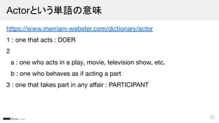 © DMM
https://www.merriam-webster.com/dictionary/actor
1 : one that acts : DOER
2
a : one who acts in a play, movie, television show, etc.
b : one who behaves as if acting a part
3 : one that takes part in any aﬀair : PARTICIPANT
Actorという単語の意味
15
 