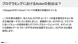 © DMM
このpaperの中にActorについての概要が記載されている
> この作業の過程で、私たちは ACTOR という 1 つの基本概念を中心に形
式主義を統一することに成功しました。 直観的には、ACTOR は、スクリプト
に従ってキューの役割を果たすアクティブなエージェントです。モデルにお
ける制御とデータ フローの不可分性を強調するために、ACTOR の比喩を
使用します。
プログラミングにおけるActorの初出は？
20
 