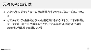 © DMM
● スクリプトに従ってキューの役割を果たすアクティブなエージェントのこ
と
● どのタイミング・条件でどういった振る舞いをするべきか、つまり制御と
データフローはセットで考えるべきで、それらがセットになったものを
Actorという比喩で表現している
元々のActorとは
21
 