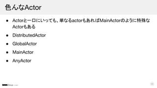 © DMM
● Actorと一口にいっても、単なるactorもあればMainActorのように特殊な
Actorもある
● DistributedActor
● GlobalActor
● MainActor
● AnyActor
色んなActor
45
 