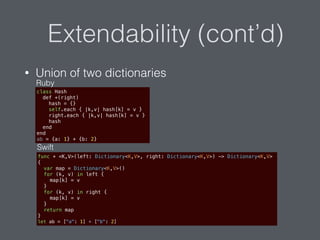 Extendability (cont’d)
• Union of two dictionaries
func + <K,V>(left: Dictionary<K,V>, right: Dictionary<K,V>) -> Dictionary<K,V>
{
var map = Dictionary<K,V>()
for (k, v) in left {
map[k] = v
}
for (k, v) in right {
map[k] = v
}
return map
}
let ab = ["a": 1] + ["b": 2]
class Hash
def +(right)
hash = {}
self.each { |k,v| hash[k] = v }
right.each { |k,v| hash[k] = v }
hash
end
end
ab = {a: 1} + {b: 2}
Swift
Ruby
 