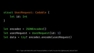 struct UserRequest: Codable {
let id: Int
}
let encoder = JSONEncoder()
let userRequest = UserRequest(id: 1)
let data = try? encoder.encode(userRequest)
110 — Type-safe Web APIs with Protocol Buffers in Swift, Yusuke Kita (@kitasuke), AltConf 2017
 