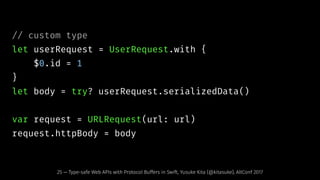 // custom type
let userRequest = UserRequest.with {
$0.id = 1
}
let body = try? userRequest.serializedData()
var request = URLRequest(url: url)
request.httpBody = body
25 — Type-safe Web APIs with Protocol Buffers in Swift, Yusuke Kita (@kitasuke), AltConf 2017
 