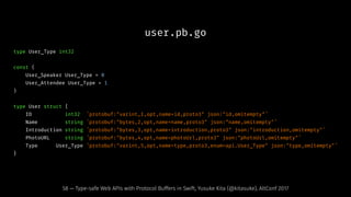 user.pb.go
type User_Type int32
const (
User_Speaker User_Type = 0
User_Attendee User_Type = 1
)
type User struct {
ID int32 ˆprotobuf:"varint,1,opt,name=id,proto3" json:"id,omitempty"ˆ
Name string ˆprotobuf:"bytes,2,opt,name=name,proto3" json:"name,omitempty"ˆ
Introduction string ˆprotobuf:"bytes,3,opt,name=introduction,proto3" json:"introduction,omitempty"ˆ
PhotoURL string ˆprotobuf:"bytes,4,opt,name=photoUrl,proto3" json:"photoUrl,omitempty"ˆ
Type User_Type ˆprotobuf:"varint,5,opt,name=type,proto3,enum=api.User_Type" json:"type,omitempty"ˆ
}
58 — Type-safe Web APIs with Protocol Buffers in Swift, Yusuke Kita (@kitasuke), AltConf 2017
 