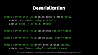 Deserialization
public convenience init(serializedData data: Data,
extensions: ExtensionMap = default,
partial: Bool = default) throws
public convenience init(jsonString: String) throws
public convenience init(jsonUTF8Data: Data) throws
public convenience init(textFormatString: String,
extensions: ExtensionMap? = default) throws
65 — Type-safe Web APIs with Protocol Buffers in Swift, Yusuke Kita (@kitasuke), AltConf 2017
 