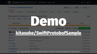 Demo
kitasuke/SwiftProtobufSample
75 — Type-safe Web APIs with Protocol Buffers in Swift, Yusuke Kita (@kitasuke), AltConf 2017
 