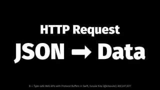 HTTP Request
JSON ➡ Data
8 — Type-safe Web APIs with Protocol Buffers in Swift, Yusuke Kita (@kitasuke), AltConf 2017
 