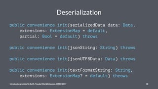 Deserialization
public convenience init(serializedData data: Data,
extensions: ExtensionMap = default,
partial: Bool = def...