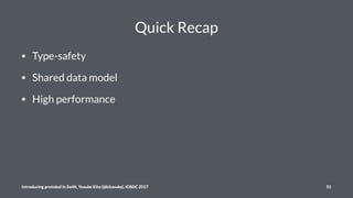 Quick Recap
• Type-safety
• Shared data model
• High performance
Introducing protobuf in Swift, Yusuke Kita (@kitasuke), i...