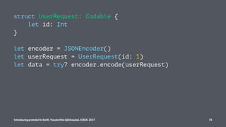 struct UserRequest: Codable {
let id: Int
}
let encoder = JSONEncoder()
let userRequest = UserRequest(id: 1)
let data = tr...