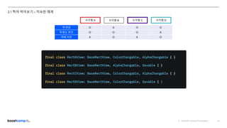 ⓒ NAVER Connect Foundation 15
2.1 찍어 먹어보기 – 익숙한 예제
사각형 A 사각형 B 사각형 C 사각형 D
색 변경 O X O O
투명도 변경 O O O X
객체 저장 X O X O
 