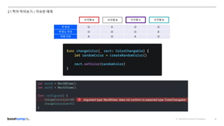 ⓒ NAVER Connect Foundation 16
2.1 찍어 먹어보기 – 익숙한 예제
사각형 A 사각형 B 사각형 C 사각형 D
색 변경 O X O O
투명도 변경 O O O X
객체 저장 X O X O
 