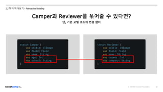 ⓒ NAVER Connect Foundation 20
2.2 찍어 먹어보기 – Retroactive Modeling
Camper과 Reviewer를 묶어줄 수 있다면?
단, 기존 모델 코드의 변경 없이
 