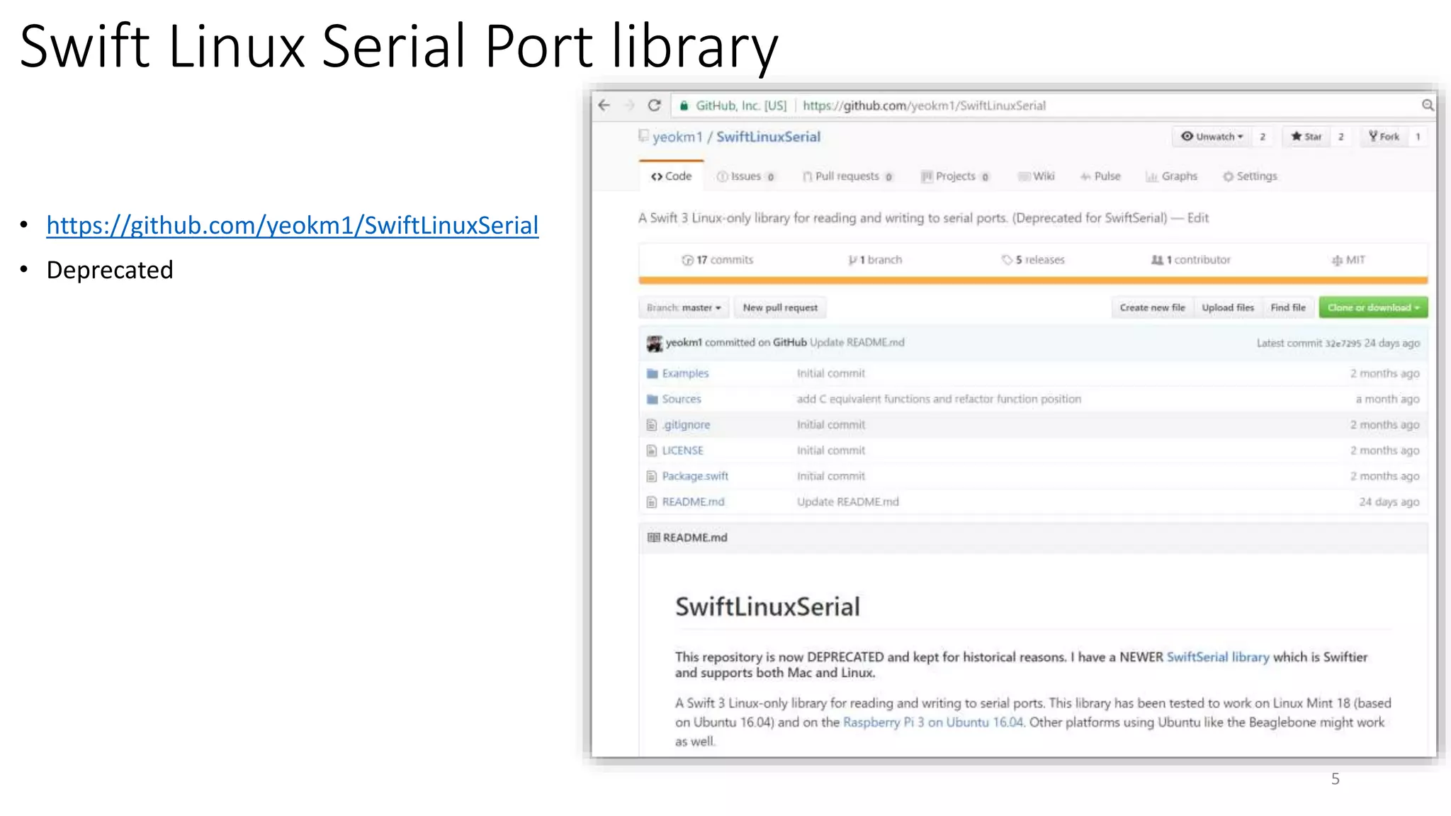 Swift Linux Serial Port library
• https://github.com/yeokm1/SwiftLinuxSerial
• Deprecated
5
 