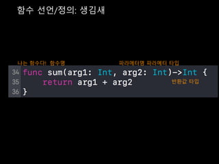 함수 선언/정의: 생김새
나는 함수다! 파라메터명 파라메터 타입
반환값 타입
함수명
 