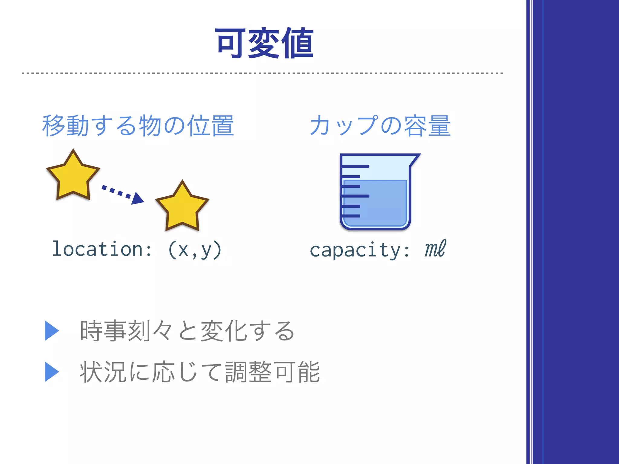 可変値
▶ 時事刻々と変化する
▶ 状況に応じて調整可能
移動する物の位置
location: (x,y)
カップの容量
capacity: ㎖
 