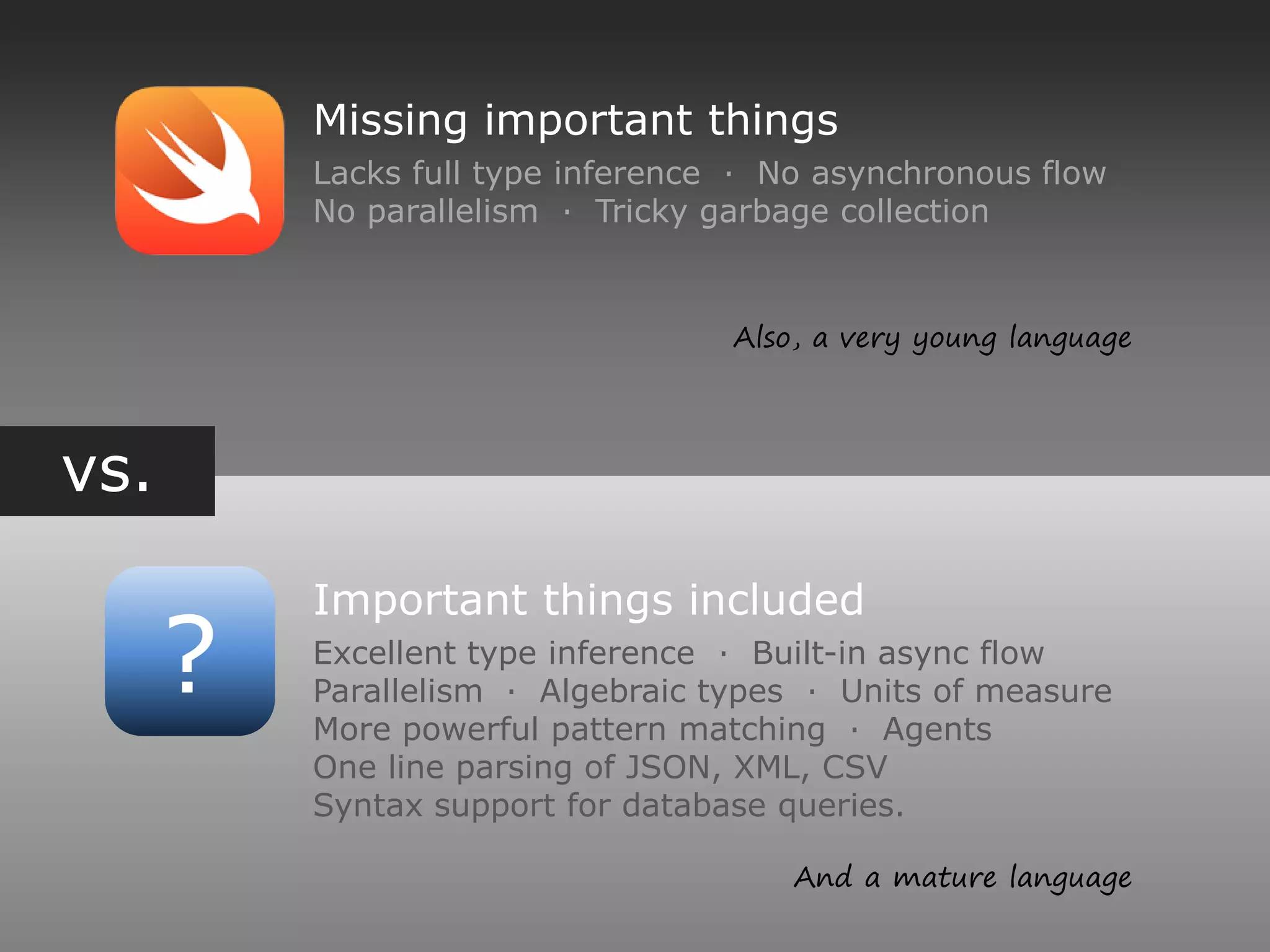 vs.
?
Missing important things
Lacks full type inference ∙ No asynchronous flow
No parallelism ∙ Tricky garbage collection
Important things included
Excellent type inference ∙ Built-in async flow
Parallelism ∙ Algebraic types ∙ Units of measure
More powerful pattern matching ∙ Agents
One line parsing of JSON, XML, CSV
Syntax support for database queries.
Also, a very young language
And a mature language
 