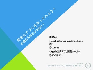 ① Mac
（macbook/mac mini/mac book
Air）
② Xcode
（Apple公式アプリ開発ツール）
③ iOS端末
18/01/26
S w i f t で 作 る i P h o n e ア プ リ 開 発 入 門 講 演 者 ： お ふ じ 4
 