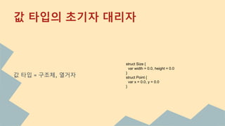 값 타입 = 구조체, 열거자
값 타입의 초기자 대리자
struct Size {
var width = 0.0, height = 0.0
}
struct Point {
var x = 0.0, y = 0.0
}
 