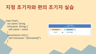 class Food {
var name: String
init(name: String) {
self.name = name
}
convenience init() {
self.init(name: “[Unnamed]”)
}
}
지정 초기자와 편의 초기자 실습
 