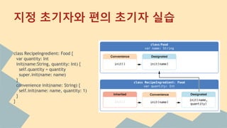 class RecipeIngredient: Food {
var quantity: Int
init(name:String, quantity: Int) {
self.quantity = quantity
super.init(name: name)
}
convenience init(name: String) {
self.init(name: name, quantity: 1)
}
}
지정 초기자와 편의 초기자 실습
 