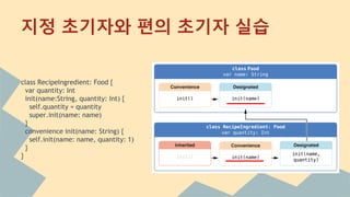 class RecipeIngredient: Food {
var quantity: Int
init(name:String, quantity: Int) {
self.quantity = quantity
super.init(name: name)
}
convenience init(name: String) {
self.init(name: name, quantity: 1)
}
}
지정 초기자와 편의 초기자 실습
 