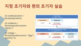 let oneMysteryItem =
RecipeIngreidnet()
let oneBacon =
RecipeIngredient(name:
“Bacon”)
let sixEggs =
RecipeIngredient(name: “Eggs”,
quantity: 6)
지정 초기자와 편의 초기자 실습
 