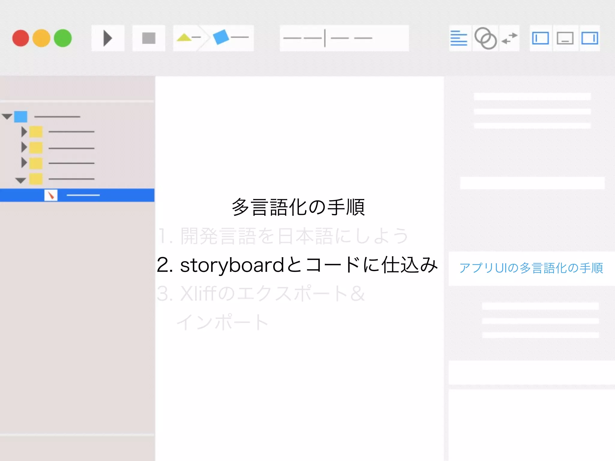 多言語化の手順
1. 開発言語を日本語にしよう
2. storyboardとコードに仕込み
3. Xliﬀのエクスポート&
 インポート
アプリUIの多言語化の手順
 