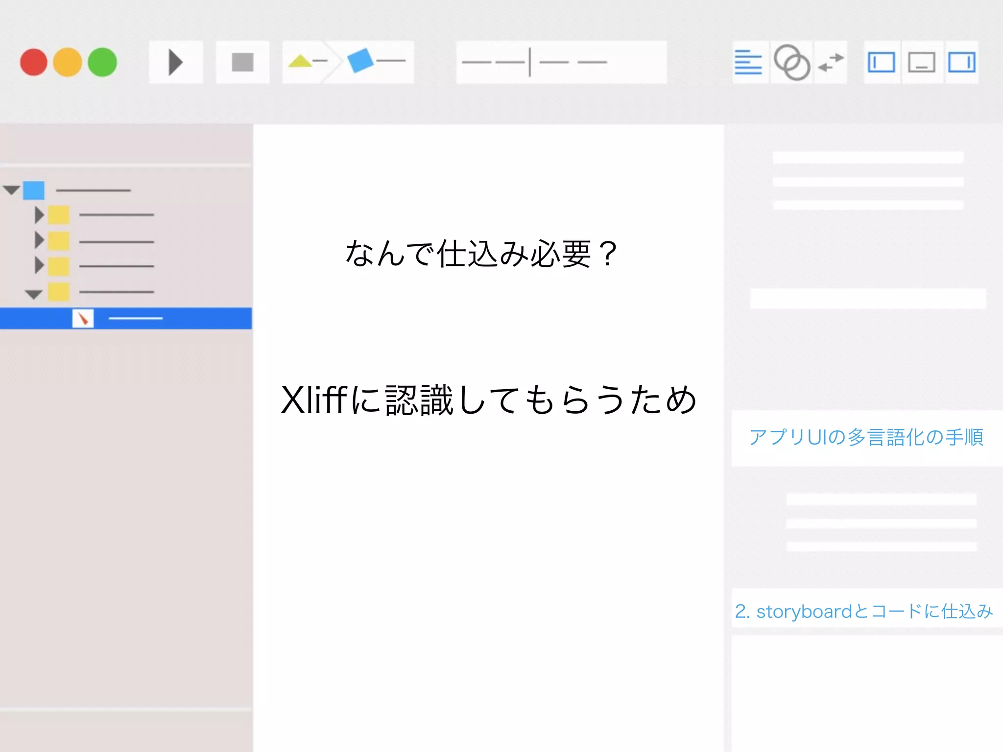 なんで仕込み必要？
アプリUIの多言語化の手順
2. storyboardとコードに仕込み
Xliﬀに認識してもらうため
 