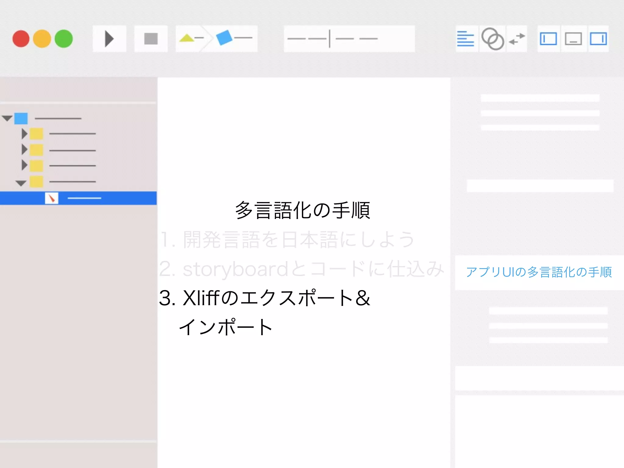 多言語化の手順
1. 開発言語を日本語にしよう
2. storyboardとコードに仕込み
3. Xliﬀのエクスポート&
 インポート
アプリUIの多言語化の手順
 