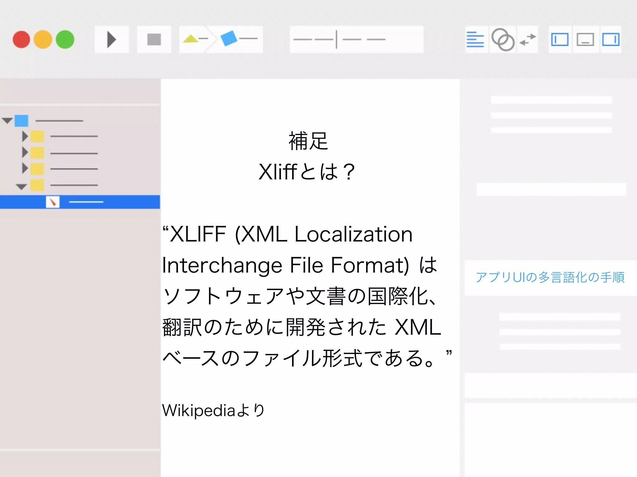 補足
Xliﬀとは？
XLIFF (XML Localization
Interchange File Format) は
ソフトウェアや文書の国際化、
翻訳のために開発された XML
ベースのファイル形式である。
Wikipediaより
アプリUIの多言語化の手順
 