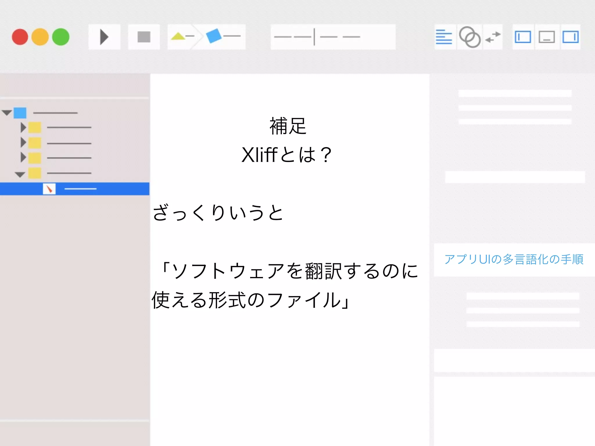 補足
Xliﬀとは？
ざっくりいうと
「ソフトウェアを翻訳するのに
使える形式のファイル」
アプリUIの多言語化の手順
 