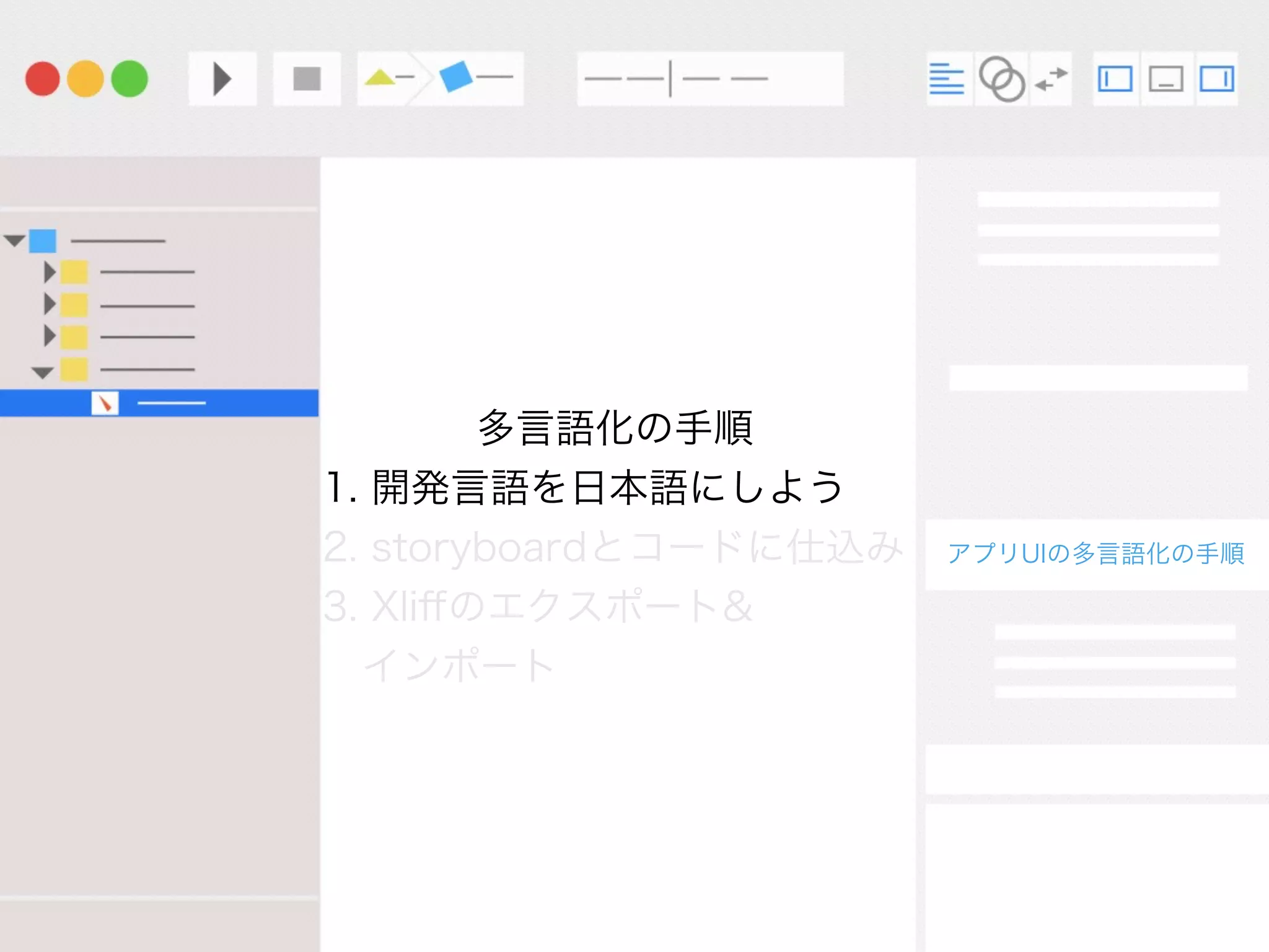 多言語化の手順
1. 開発言語を日本語にしよう
2. storyboardとコードに仕込み
3. Xliﬀのエクスポート&
 インポート
アプリUIの多言語化の手順
 