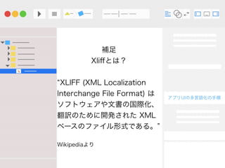 a
Xli?Ȥϣ
XLIFF (XML Localization
Interchange File Format) 
եȥĕιH
UΤ_k줿 XML
٩`ΥեʽǤ롣
Wikipedia
ץUIζZ
 