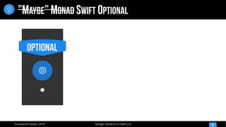 Design Patterns in Swift 2.2CocoaConf Austin 2016
”MAYBE” MONAD SWIFT OPTIONAL
36

Optional

 