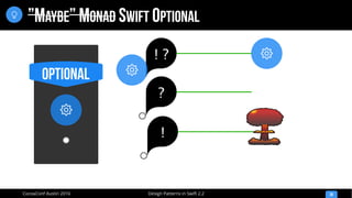 Design Patterns in Swift 2.2CocoaConf Austin 2016
”MAYBE” MONAD SWIFT OPTIONAL
36

Optional

! ?


?
!
 