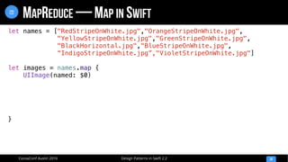 Design Patterns in Swift 2.2CocoaConf Austin 2016
MAPREDUCE — MAP IN SWIFT
39
let names = ["RedStripeOnWhite.jpg","OrangeStripeOnWhite.jpg",
"YellowStripeOnWhite.jpg","GreenStripeOnWhite.jpg",
"BlackHorizontal.jpg","BlueStripeOnWhite.jpg",
“IndigoStripeOnWhite.jpg”,"VioletStripeOnWhite.jpg"]
let images = names.map {
UIImage(named: $0)
}
 