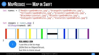 Design Patterns in Swift 2.2CocoaConf Austin 2016
MAPREDUCE — MAP IN SWIFT
39
let names = ["RedStripeOnWhite.jpg","OrangeStripeOnWhite.jpg",
"YellowStripeOnWhite.jpg","GreenStripeOnWhite.jpg",
"BlackHorizontal.jpg","BlueStripeOnWhite.jpg",
“IndigoStripeOnWhite.jpg”,"VioletStripeOnWhite.jpg"]
let images = names.map {
UIImage(named: $0)
}
1
Real WorlD: JSON
I use this a lot to map
JSON Dict to Object/Struct,
but this is more visual
 