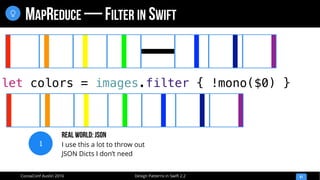 Design Patterns in Swift 2.2CocoaConf Austin 2016
MAPREDUCE — FILTER IN SWIFT
41

let colors = images.filter { !mono($0) }
1
Real WorlD: JSON
I use this a lot to throw out
JSON Dicts I don’t need
 
