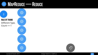 
Design Patterns in Swift 2.2CocoaConf Austin 2016
MAPREDUCE — REDUCE
42






[]
Rule of thumb
Different Type,
Count == 1
 