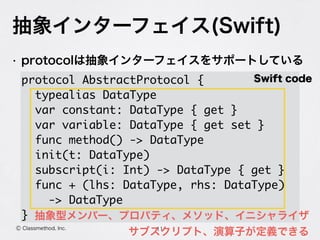 抽象インターフェイス(Swift)
11Ⓒ Classmethod, Inc.
• protocolは抽象インターフェイスをサポートしている
protocol AbstractProtocol {
typealias DataType
var constant: DataType { get }
var variable: DataType { get set }
func method() -> DataType
init(t: DataType)
subscript(i: Int) -> DataType { get }
func + (lhs: DataType, rhs: DataType)
-> DataType
} 抽象型メンバー、プロパティ、メソッド、イニシャライザ
サブスクリプト、演算子が定義できる
Swift code
 